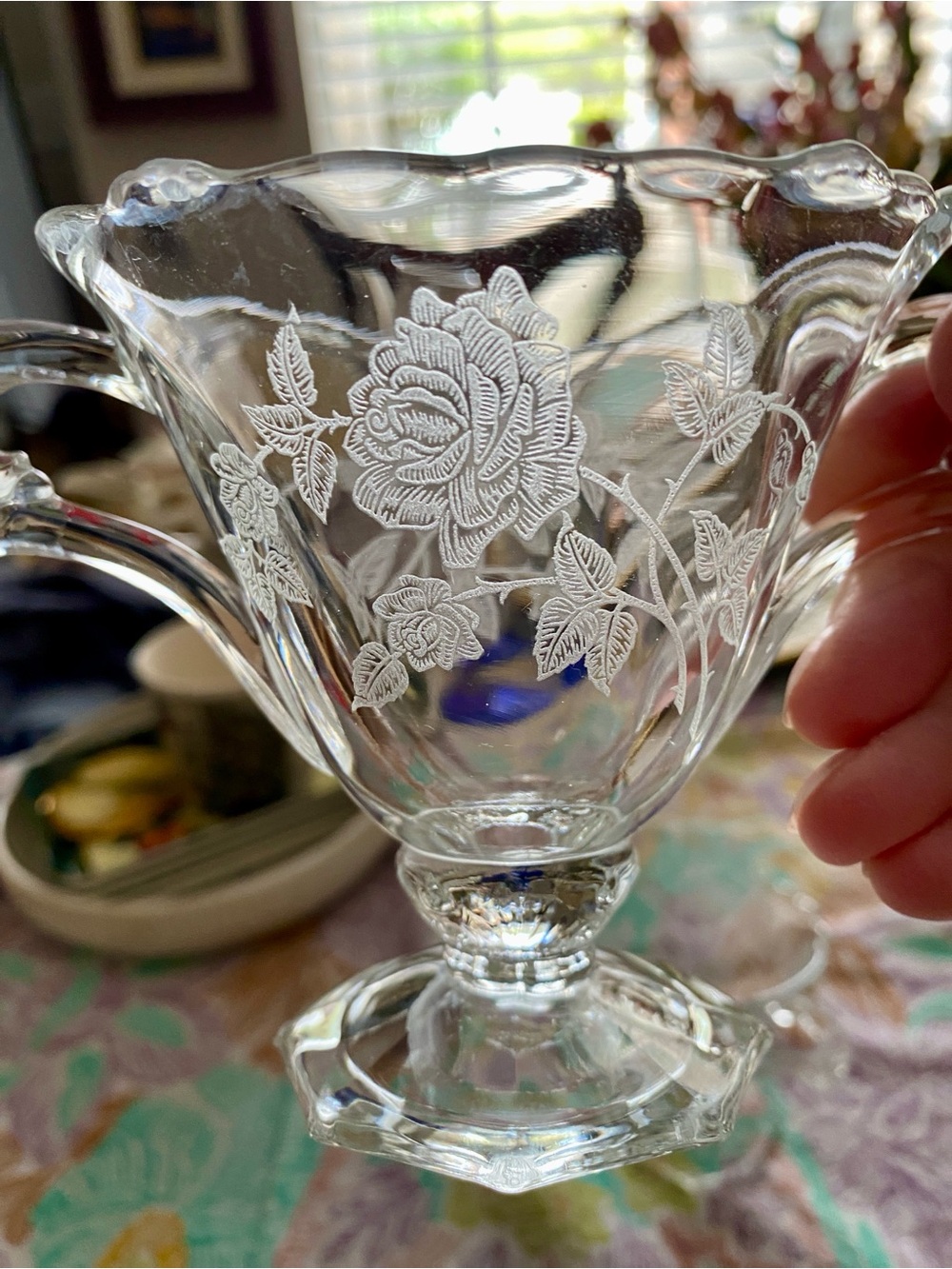 Vintage Heisey Cream & Sugar Bowls, Scallop Edge, Etched Roses w/Thorns. 1950 EC